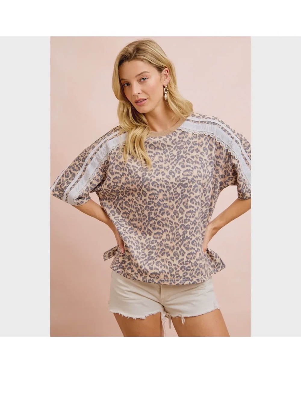BiBi Beige Leopard Short Sleeve Top with White Lace Trim